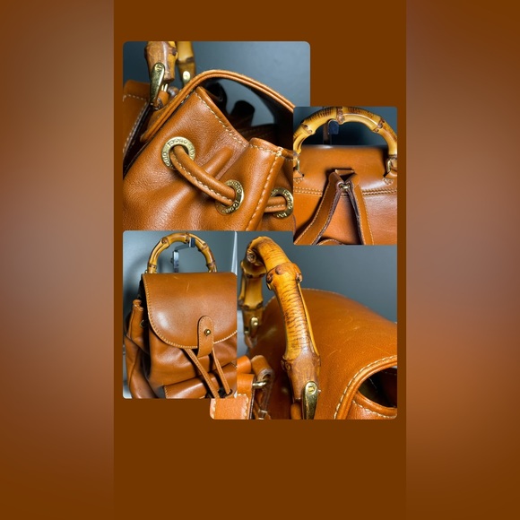 Gucci 90’s Caramel Brown Leather Drawstring Backpack with Bamboo top Handle - Picture 8 of 16